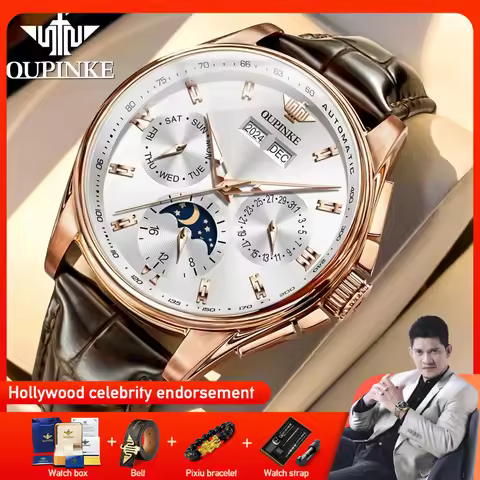 OUPINKE 3189 Mens Watch Original Luxury Automatic Mechanical Watch Moon Phase Waterproof Luminous Me