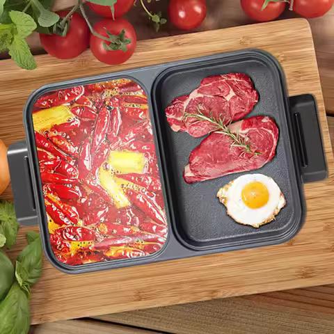 Electric Hot Pot and Frying Pan, Shabu Shabu Pot with Grill 2 in 1 NonStick Shabu Shabu Pot and Grid