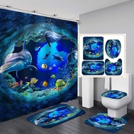 Fashion_Man 4PCS Sea World Dolphin Shower Curtain Set Bathroom Shower Curtain Non-Slip Bath Mat Toil