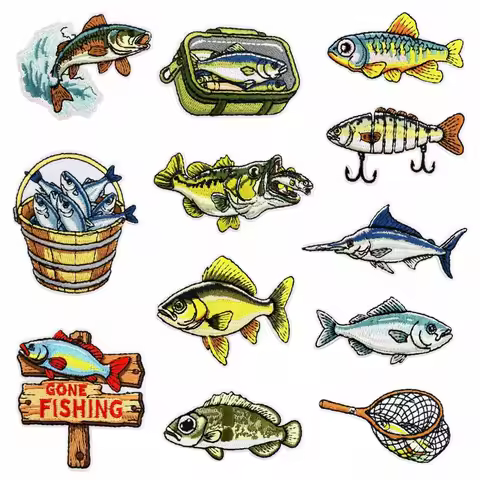 Fishing Elements Vintage Fishing Baskets Sea Fish Embroidery Patches DIY Backpack T-shirt Iron on Pa