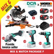 DCA MIX & MATCH WORX 20V CORDLESS MITRE SAW, BRUSHLESS GRINDER, IMPACT DRIVER, DRIVER DRILL