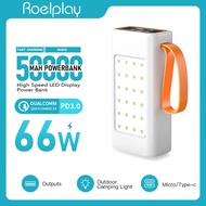 พาวเวอร์แบงค์ 50000mAh 66W ชาร์จเร็ว PD20W โคมไฟตั้งแคมป์กลางแจ้งแสง 4USB/1Lightning/1Type-c/1Micr เหมาะสำหรับ Apple/Android/Xiaomi/Huawei/50000mAh POWER B ANK