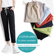 Ready Stock Summer Women Pants Thin Straight Loose Plus Size Nine-point Pants Women's work office Solid color Casual Cotton Linen Long Trousers Ladies Big Size Harlan Feet Pants
