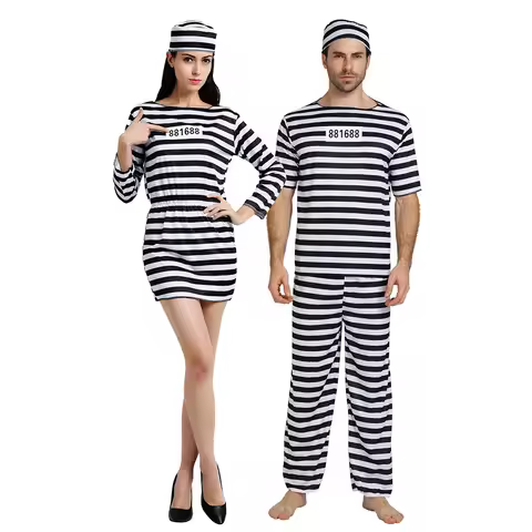 ZOETOPKID Halloween Prisoner Cosplay Costume Prison Inmate Men Striped Top Pants Women Dress Hat Par