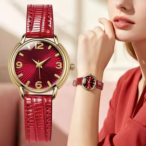 Elegant Ladies Quartz Watch Golden Round Case Crocodile Pattern Red Leather Strap Vintage Women Watc