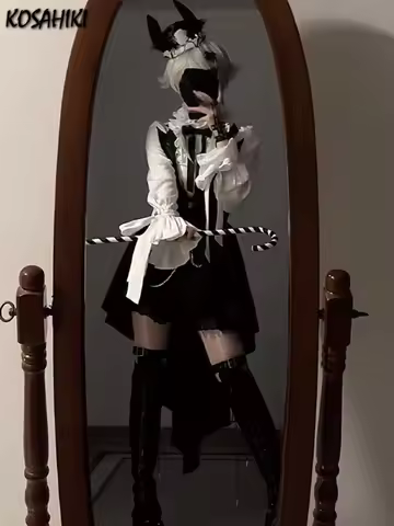 Lolita 3 Piece Sets Women Flare Sleeve Blouses + High Waist Lace Patchwork Shorts + Irregular Vest Y