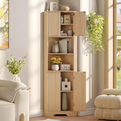 68 Dual-Door Cabinet with Open Shelves, Space-Saving Design for Home, Living Room, Bathroom, Kitchen