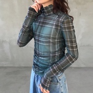เสื้อเชิ้ตคอตั้งสตรีลายสก๊อต แขนยาวแบบง่าย ลายสก๊อตแบบชิลๆ
