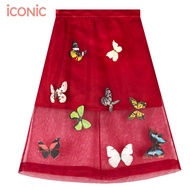 iCONiC RED BUTTERFLY NET SKIRT #5384 กระโปรงตาข่าย สีแดง พิมพ์ลาย ผีเสื้อ เอว28" สะโพก40" ยาว28" ซับ