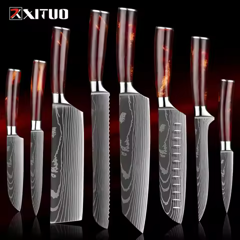 XITUO 1-8Piece Kitchen knife Set 7Cr17Mov Stainless Steel Chef Knife Ultra Sharp Santoku Cleaver Uti