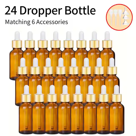 1/24pcs+6 accessories 30ml glass dropper bottles, including 24 dropper bottles, 3 funnels, and 3 spr