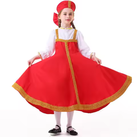 Kids Girl Costume Russian Ethnic Cosplay Ukraine National Stage Performance Dress Headgear Child Chi
