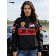 Ferrari F1 Women's Bomber Jacket Long Sleeve Black Motorcycle Coat Casual Fashion Varsity Jacket