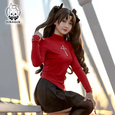 Fate Stay Night Tohsaka Rin Cosplay Costume Long Wig Red Black Skirt Set for Women Carnival Suit Rol
