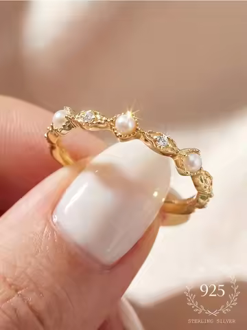 925 Sterling Silver Elegant Vintage Cultured Pearl Zircon Ring For Women Engagement Wedding Luxury H