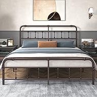 Yalemoll King-Size-Bed-Frame and-Headboard - 15 Inch High Metal Platform,No Box Spring Needed,Easy Assembly(Brown)