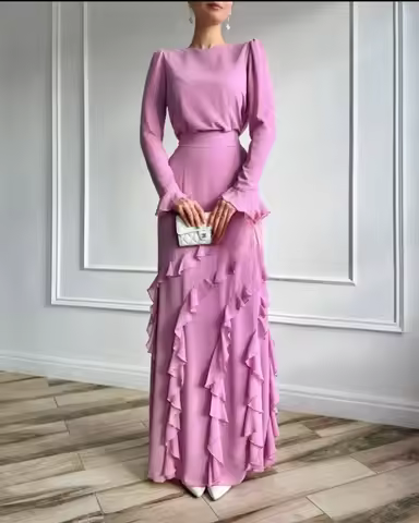 Fashion 3D Lotus Leaf Edge Skirt Outfit Spring Women Long Sleeves Slim Tops+High Waist Straight Bust