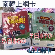 南韓上網卡 電話卡 數據卡 WiFi卡 5日/7日無限上網卡