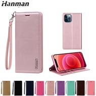 For iPhone 15 Pro Max/14 Pro Max Hanman Skin Touch Card Holder Wallet Leather Case for iPhone  14 13 Pro Max/13 Pro/12/12 mini/12 pro/12 pro max Flip Stand Cover with Lanyard Strap