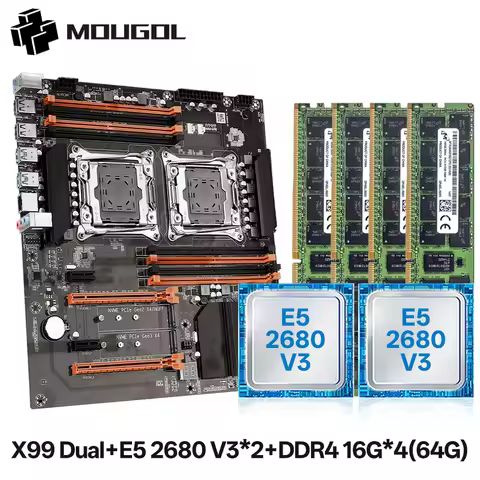 MOUGOL X99 Dual CPU Gaming Motherboard Kit with Xeon E5 2680 V3 & DDR4 16Gx4 RAM LGA 2011-3 M.2 NVME