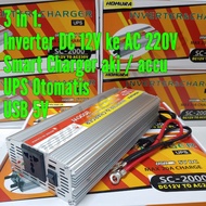 Charger Aki 20a plus Inverter 2000w 2000 watt UPS Otomatis Perubah Arus DC 12V to AC 220V USB Charger HP 5V