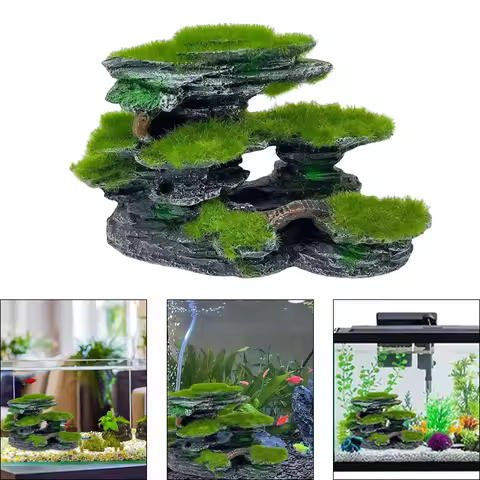 Aquarium Mountain View Stone,Aquarium View Stone, Mossed Aquarium Hideout, Submersible Resin Aquariu