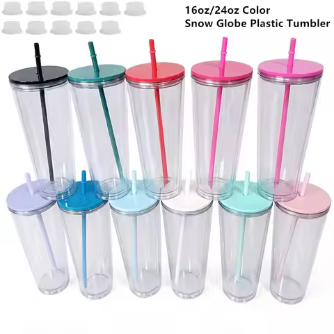 10pcs-50pcs 16oz 24oz Snow Globe Plastic Cups Double Wall Pre Drilled Hole Acrylic Tumbler Sippy Mug