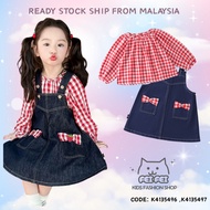 Set Gaun Budak Perempuan Biru Kain Petak & Apron Denim 2-8 Tahun (Girls Kids Top & Denim Apron Dress