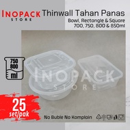 25set - Thinwall 700ml, 750ml, 800ml & 850ml RECTANGLE, BOWL & SQUARE plastic container REC 750 SQ S