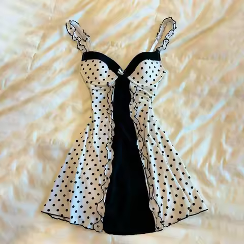 Polka dot Aesthetics Graphic Print Punk Y2K Dress Streetwear Rock Goth Braces skirt Vintage Cleanfit