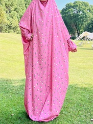 ชุดเดรสมุสลิมสวดมนต์ผู้หญิงมุสลิมรอมฎอนพิมพ์ลาย Eid Mubarak 2025ไนกาบยาว Khimar Abaya ชุดฮิญาบสวดมนต