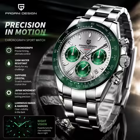 PAGANI DESIGN Luxury Men's Watch, Japan Quartz Chronograph Stainless Steel Wristwatch, Luminous Wate