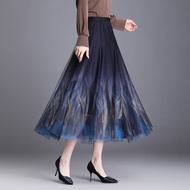 Gocha Fashionable Mesh Printed Skirt with Elastic Waist Midi A-Line Gown Casual Style Polyester Fibe