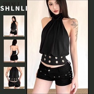 Women's Low Waisted Y2K Rivet Shorts for Spring Summer American Street Style Button Mini Shorts