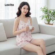 (trendy4)Lovito Casual Lace Korean Fashion Ice Silky Pajamas 2 Pcs Home Comfortable Pajama Sets for 