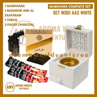 SET W001 AAZ WHITE, BLACK & GOLD / Single Mabkhara And Full Set, In Sets Include Bakhoor AAZ 40g, Ma