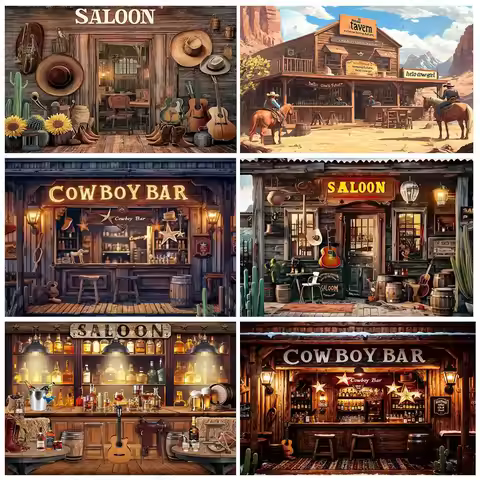 Western Cowboy Bar Theme Backdrop Supplies Retro Rustic Saloon Background Birthday Party Decoration 