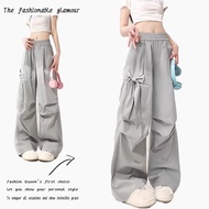 Hotgirl Korean Style Grey Bowknot Cargo Pants Tomboy Street Style wide-leg Summer Pants For Women