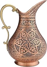 Thickest Copper Pitcher for Drinking Water- Authentic Handmade Jug Engraved on 1.2 mm Thick Pure Copper- Handmade Ayurvedic Copper Water Bottle for Home Decor, Hotel, Restaurant, Gifting (Copper red)