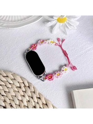1條編織菊花粉色手錶帶,適用於小米手環8/7/6/5/4/3 Nfc,創意ins風格獨特手錶帶替換用