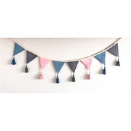 Blue Gray Pink Fabric Bunting Banner, Tassel Garland, Fabric Pennant Bunting