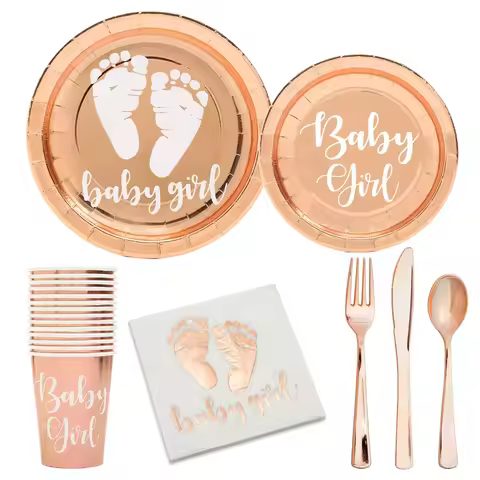 baby girl hot stamping plate rose gold paper plate birthday party tableware set disposable aluminum 