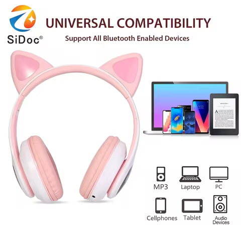 STN28 wireless headset with illuminated cat ears, wireless headset with heavy bass and flashing moti