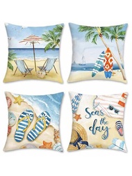 4 件套夏季海灘主題枕套,無枕芯,45x45 公分海星衝浪板棕櫚樹海岸線景觀裝飾墊套適用於沙發臥室客廳