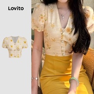 Lovito Elegant Blouse Ditsy Floral Flowers Spring/Summer Yellow Resort Style Blouse for Women L135A2