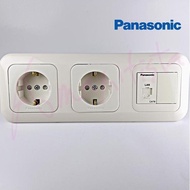 PANASONIC DOUBLE STOP CONTACT CP + LAN CAT6 & BLANK CHIP + 3-GANG PLATE