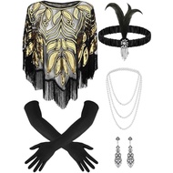 1920s Flapper Costume Accessories,5 Pcs Flapper Outfits Accessories Set with Fringed Poncho Headband