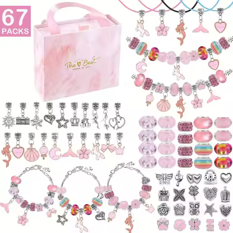 67pcs Pink Jewelry Making Kits -Charm Bracelet Making Kit with 60 Charms Beads, 3 Bracelet Chains an