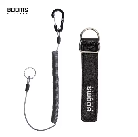 Booms Fishing T01 2M Coiled Lanyards Carabiner Clip with Rod Straps for Fishing Rod and Landing Net