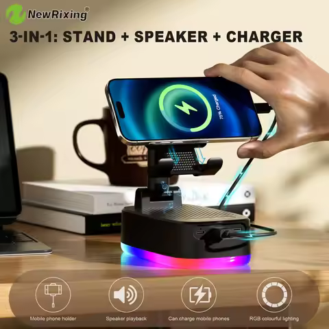 Phone holder,6W wireless speaker,1800mAh battery, emergency power bank,USB charging, RGB lights, han